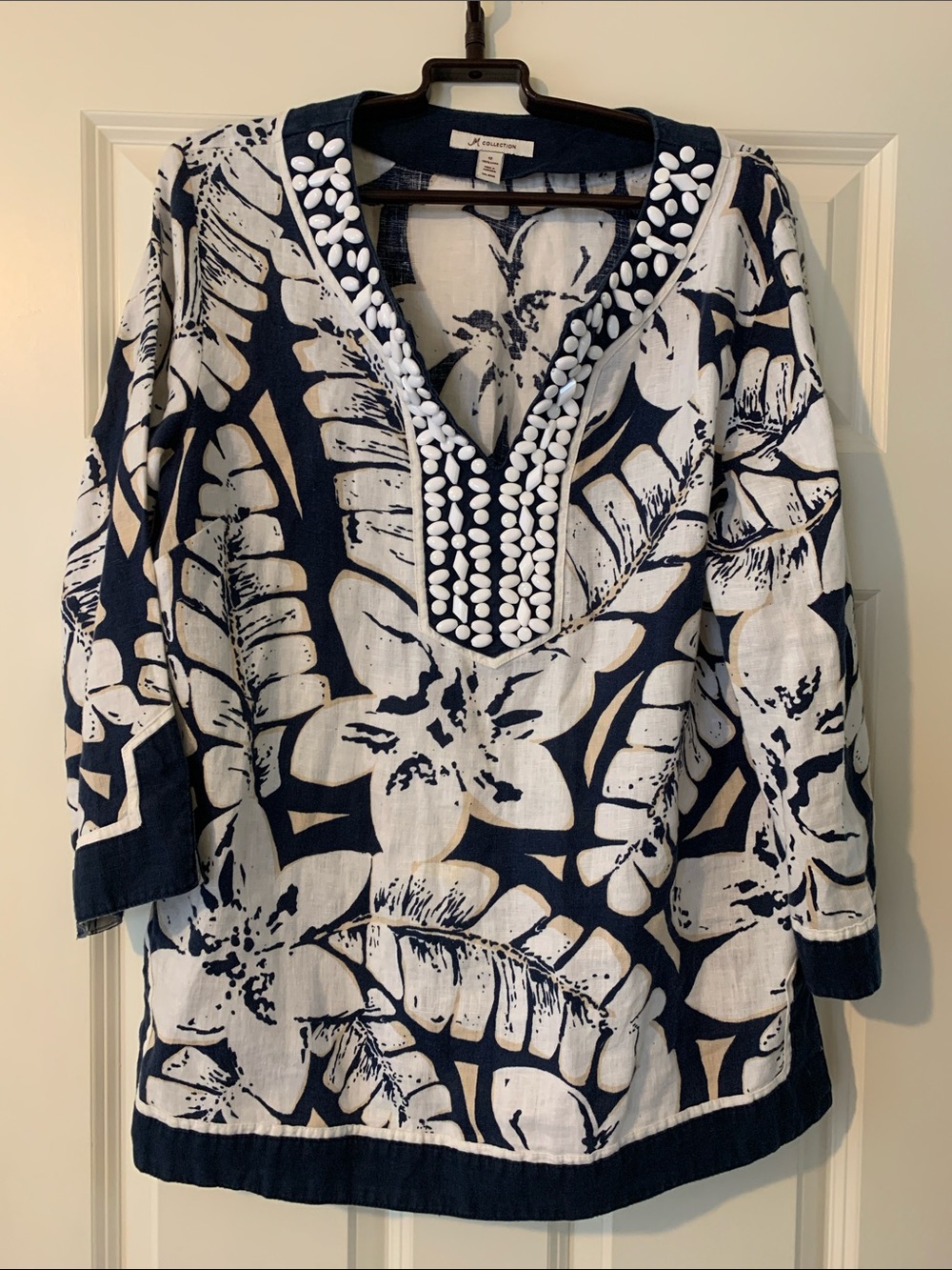 JM Collection Linen Navy and White Floral Tunic with Embellished V-Neck